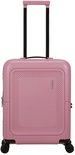 Roze American Tourister koffer met gestreept patroon op de voorkant, handvat en wielen.