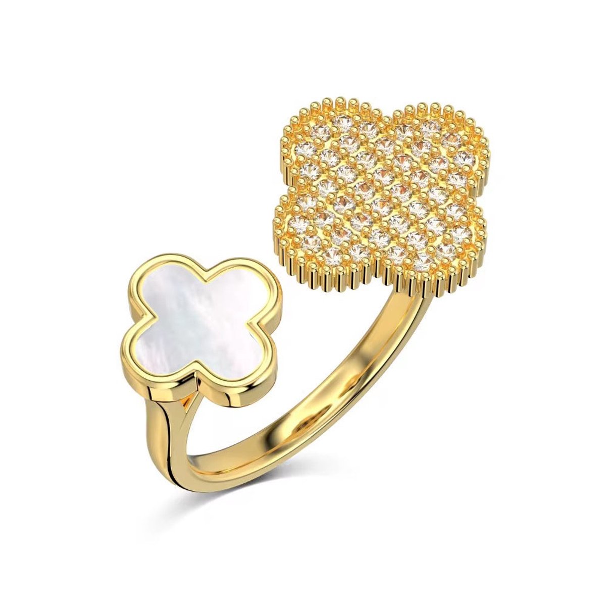 Cliste Couture - Orabella Clover Dames Ring met Zirkonia en Schelp - Echt Zilver - Ring - Cadeau voor vrouwen - Goudkleuring