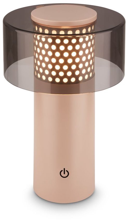 Beige tafellamp met een aan/uit-knop op de voet en een geperforeerde lampenkap met diffuser.
