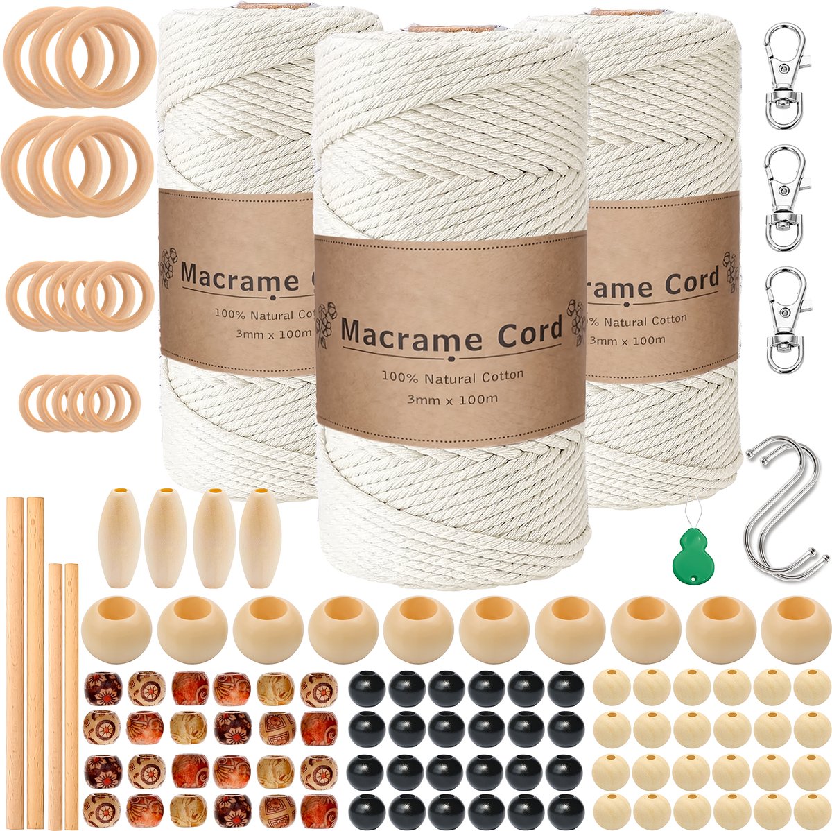 300 Meter 3mm Macramé Touw Compleet Pakket Houten Ringen Kralen
