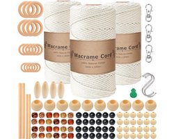 300 Meter 3mm Macramé Touw Compleet Pakket met Houten Ringen en Kralen - Hobby DIY Natuurlijk Katoen Koord\Garen voor Wandkleed en Plantenhanger Zelf Maken - Volwassen\ Kinderen Knutselen Set voor Macramé en Sieraden Handwerk- Incl. E-boeken