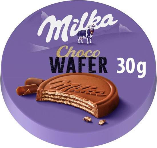 Milka Choco Wafer 30g, met opengewerkte wafel in paarse verpakking.