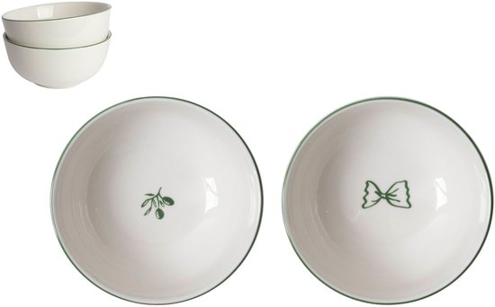 Twee witte schaaltjes met groene rand. Eén schaaltje met een olijftakje, het andere met een strikje.