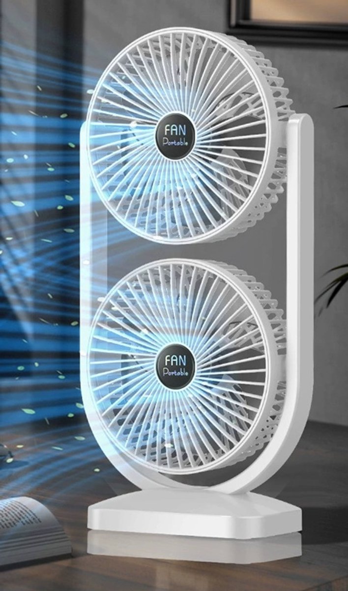 WK Dubbele Kop Tafelventilator – 360° Draaibaar – Draagbare Ventilator met Oplaadbare Batterij – 3 Snelheden – Geruisloos – Brede Luchtverdeling – Voor Thuis & Kantoor- Wit