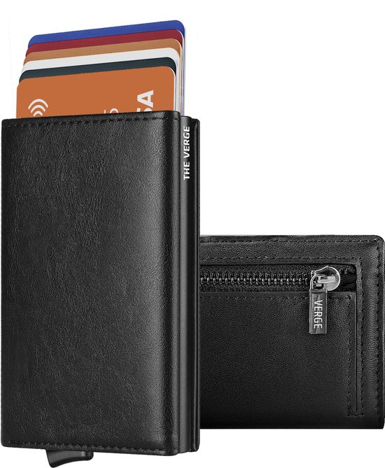 The Verge® Premium - Pasjeshouder Uitschuifbaar Met Rits - Pasjeshouder Mannen - Creditcardhouder - RFID Pashouder - Brief- & Muntgeld 8 - 12 pasjes - Kaarthouder - Zwart Leer Met Rits & Magneetsluiting - Incl. Luxe Cadeauverpakking