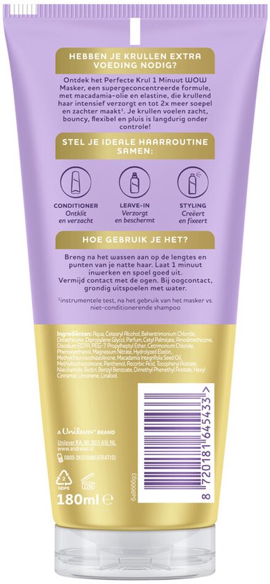 Paarse achterkant van een "Andrélon Perfecte Krul 1 Minuut WOW Masker" tube met gebruiksaanwijzing.