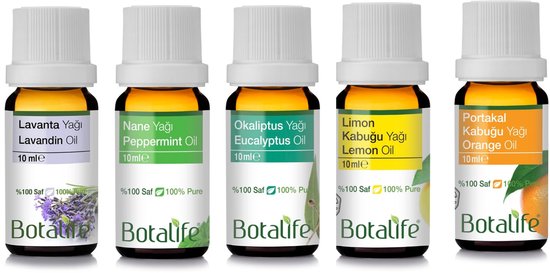 Set van 5 Botalife essentiële oliën: Lavandin, Pepermunt, Eucalyptus, Citroen en Sinaasappel, elk 10 ml.