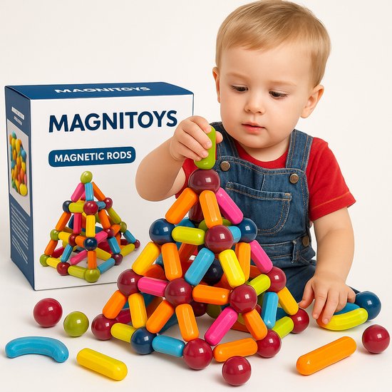 MagniToys - Magnetisch Speelgoed, 124 Stuk, Constructie Speelgoed, Magnetisch Staafjes