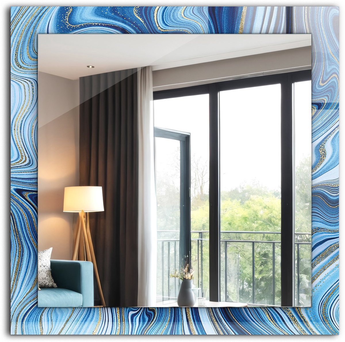 Tulup Spiegel - Vierkante Spiegel - Spiegel op gehard Glas - Abstract blauw patroon - 60 x 60 cm - Spiegel met decoratieve opdruk - Inloopkastspiegel – Badkamerspiegel - Toiletspiegel - Scheerspiegel - Klassieke Wandspiegel - Wandmontage