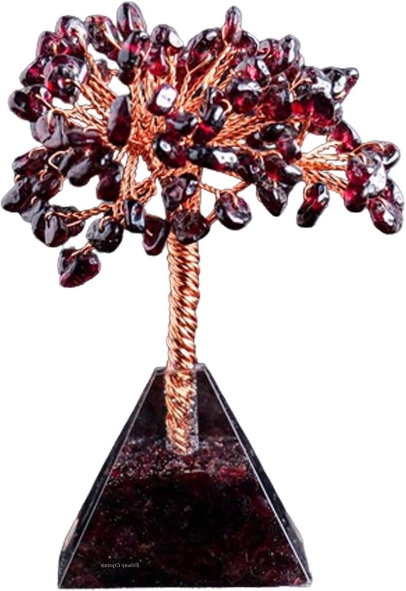 JGS Premium - Granaatkristallen levensboom 9 - 10 cm met piramidebasis | Natuurlijke edelsteen bonsaiboom | Helende kristallen geldboom | Voor housewarming energie | Heren dames | Decoratief en spiritueel energie item