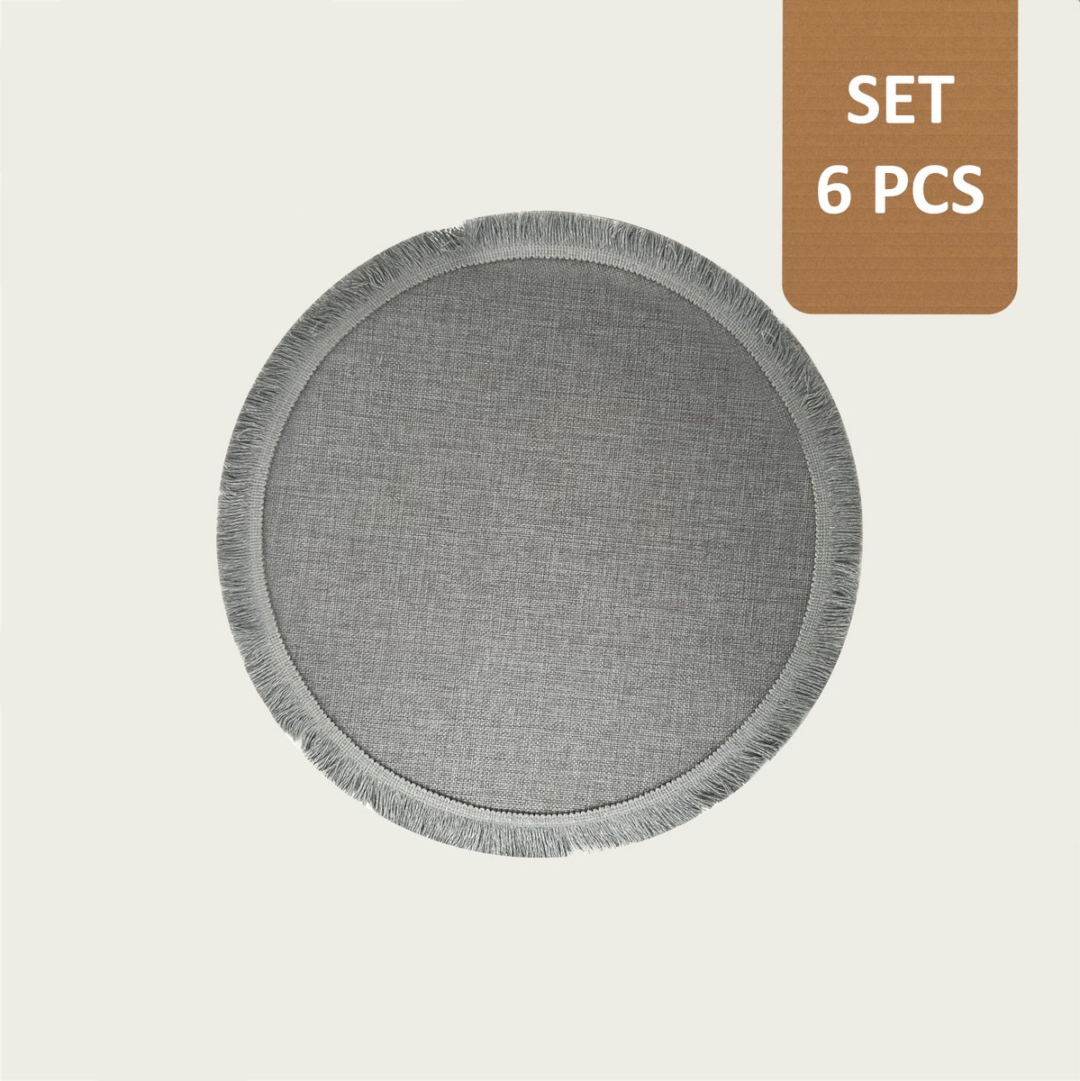 Arca TONDA - Placemats - Rond 39cm - Set van 6 - grijs - met franjes aan de boord in dezelfde kleur - polyester - makkelijk in onderhoud