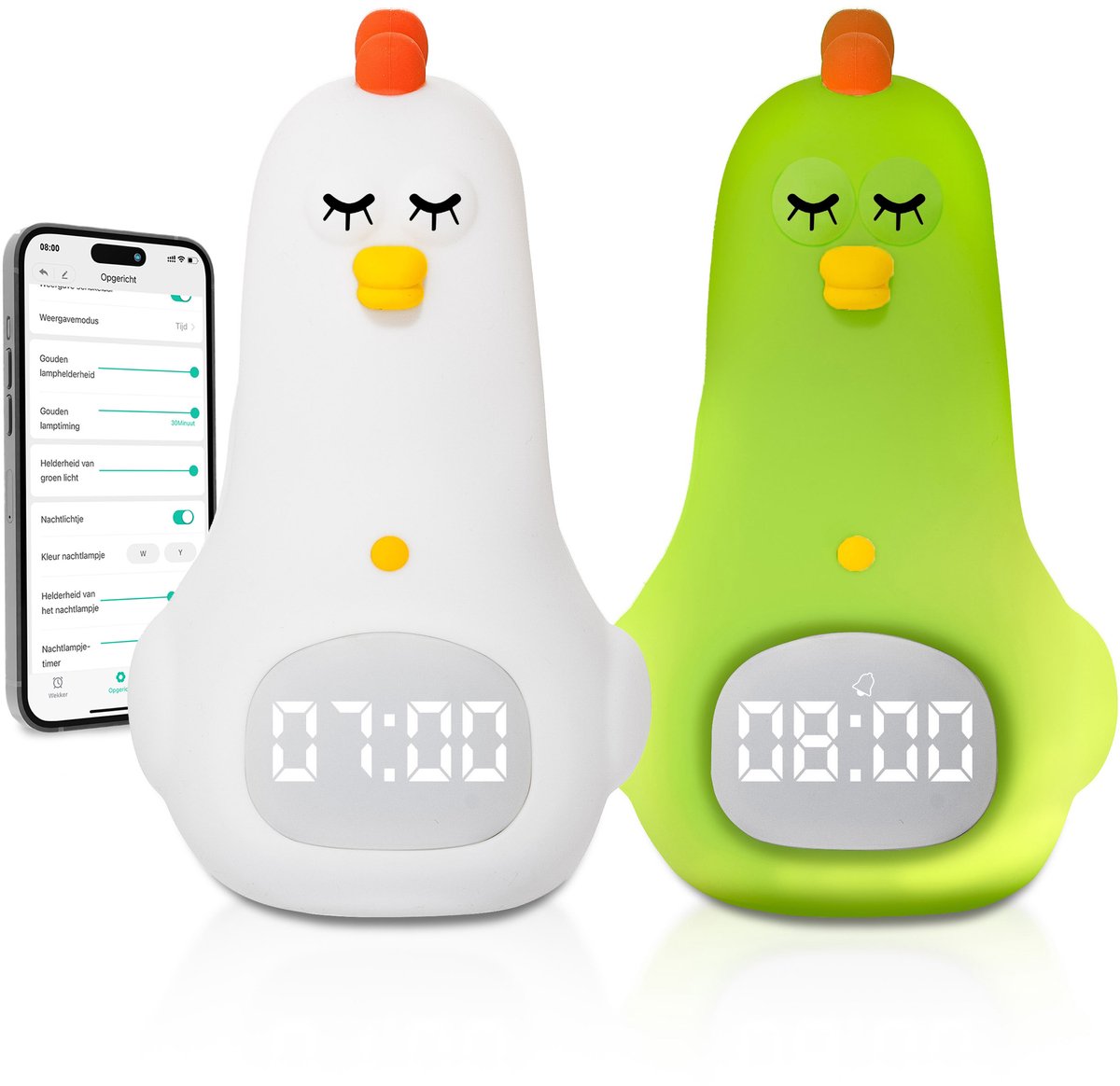 Image of 3Babies® Slaaptrainer – Slaapwekker Baby – Nachtlamp functie met Wekker – Kinderwekker – Wit Kippetje – Inclusief App