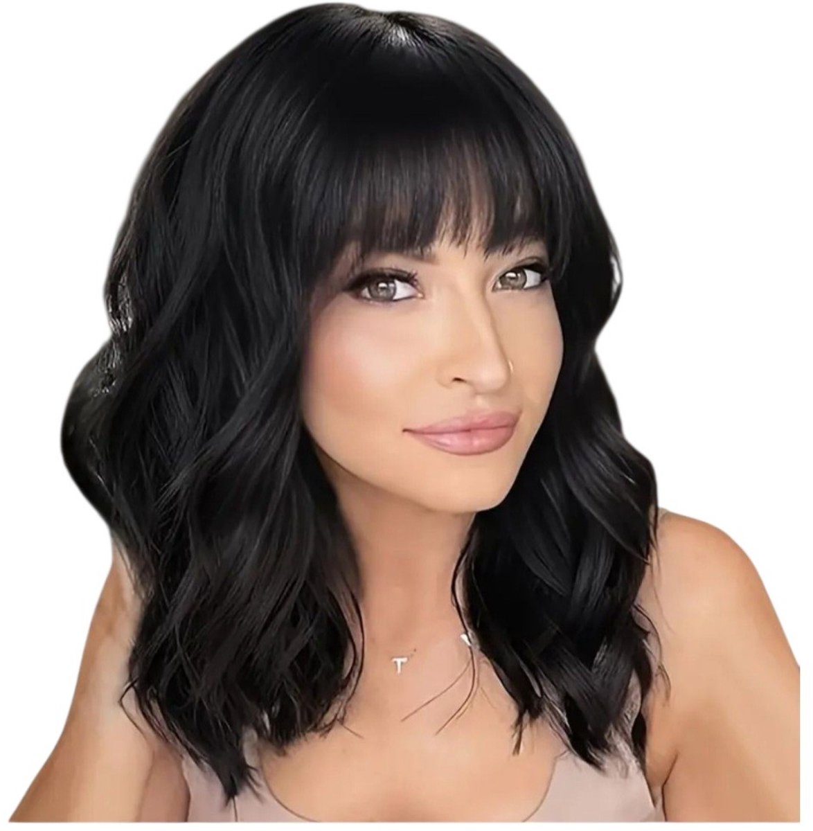 Zwart Bob Pruik Dames – 35 cm – Hittebestendig Synthetisch Haar – Natuurlijke Look – Kort Model met Pony – Kleur zwart – wasbaar