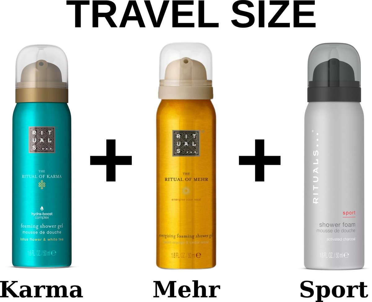 Rituals Combi Set - Travel Shower Gels - Karma 50 ml - Mehr 50 ml - Sport 50 ml - Doucheschuim - Douchgels + Gift Bag