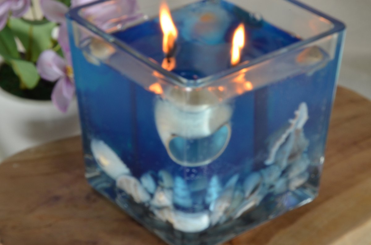 Nieuw voor 2025: XXL Schelpen Gelkaars "Blue Sea" met 2 houten Piten 15x15x15 cm - BEKIJK VIDEO
