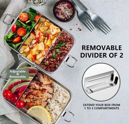 Set Bento 3 pièces en acier inoxydable - Boîtes repas de 1 400 ml avec compartiments réglables | Étanche, passe au micro-ondes et au lave-vaisselle | Idéal pour le travail, École ou un pique-nique