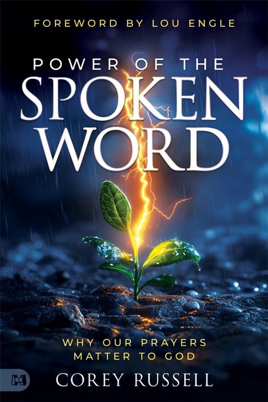 Boek "Power of the Spoken Word", met een plantje dat uit droge aarde groeit onder een bliksemstraal.