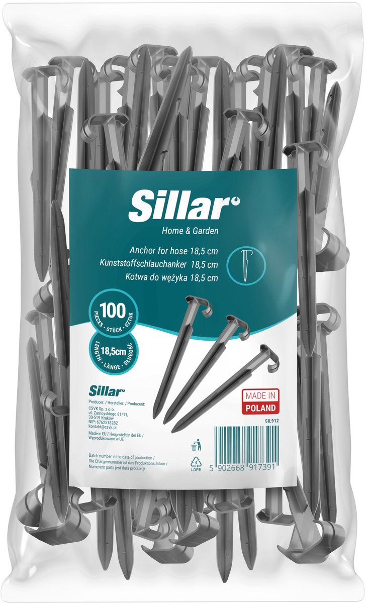 Sillar, tuinslanghouder, houder voor druppelleiding van tuinslang, ankers voor tuinslang, in de grond te slaan, 18.5cm, PP-kunststof, 100 stk