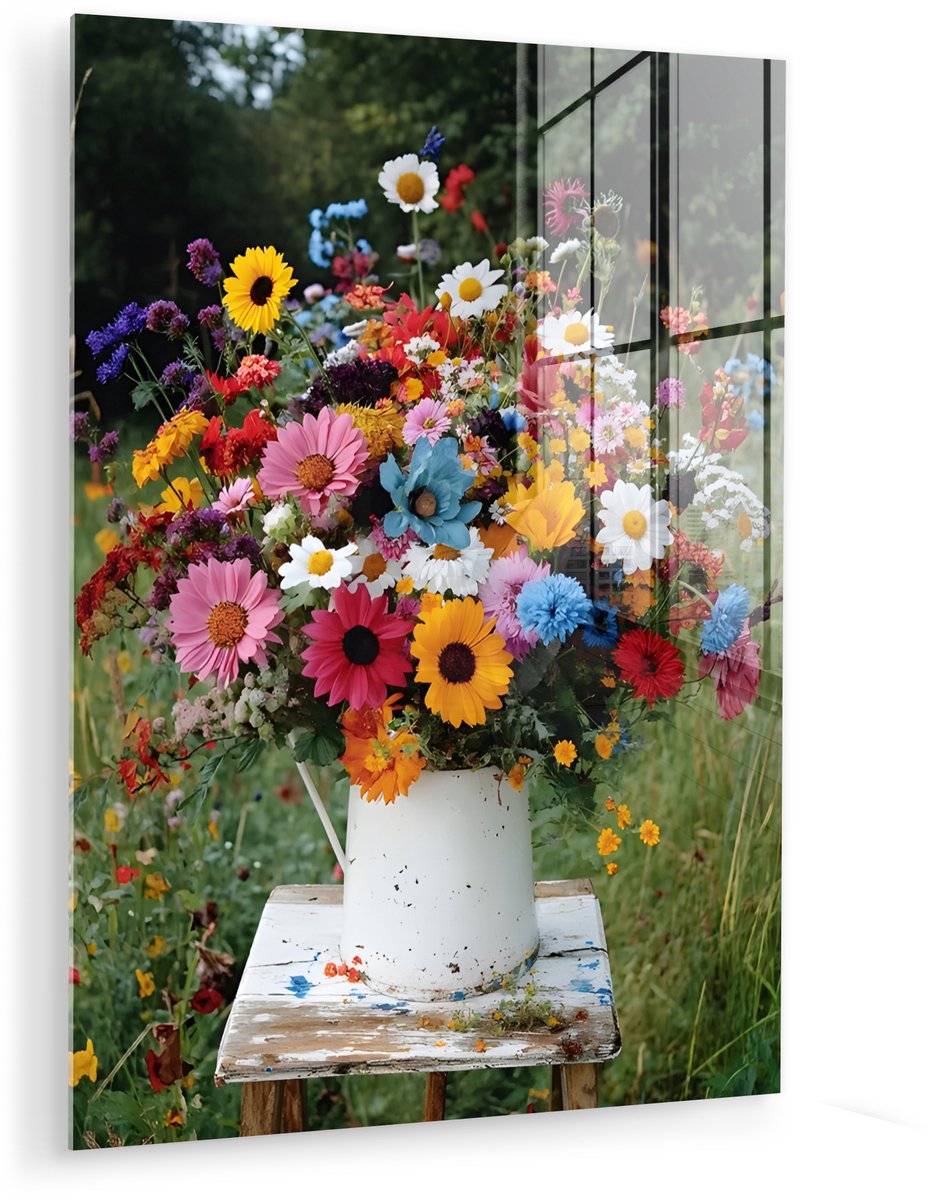 MuchoWow® Glasschilderij 90x120 cm - Schilderij acrylglas - Bloemen - Krukje - Gieter - Ve