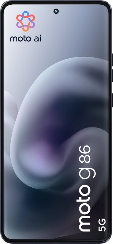 Motorola moto g86 5G in donkergrijs, voorkant met scherm waarop 'moto ai' en 'moto g86 5G' staat.