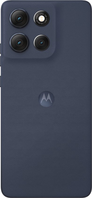 Motorola moto g86 5G in donkergrijs, gezien vanaf de achterkant met de vier camera's en het motorola logo.