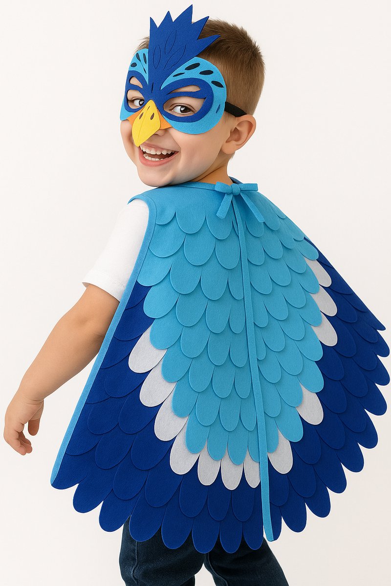 Joya Kids® Vogel Verkleedcape en Masker Blauw | Cape met Masker van Vilt | Vilten Verkleedset | Verkleden Paradijsvogel | Meisje en Jongen Verkleedkleding | Cape Set | Carnaval en Halloween Outfit Kinderen — afbeelding 4