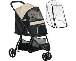 PawHut 2 in 1 Hundewagen Hundebuggy mit Regenschutz klappbar für Hunde & Katzen bis 10 kg Katzenbuggy mit Kissen Netzfenstern Türen Aufbewahrungskorb Katzenwagen Buggy Khaki