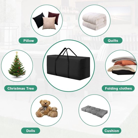 Zwarte opbergtas met handvatten, met afbeeldingen van kussens, quilts, kerstboom, poppen en kleding.
