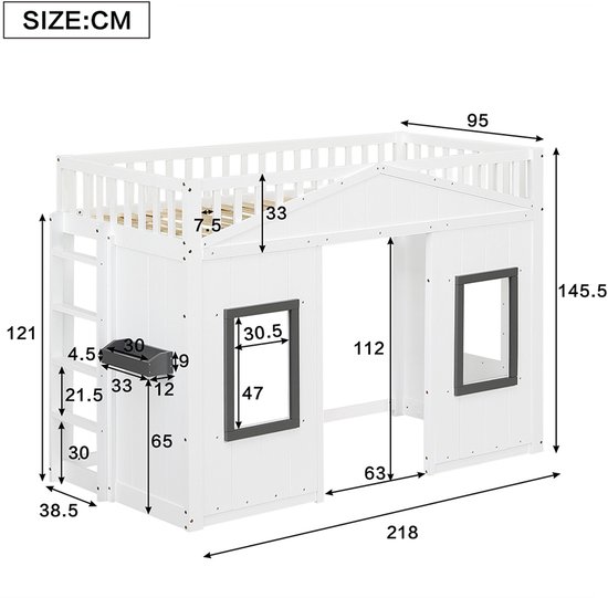 Lit superposé Pugsdrly, lit cabane avec marches, protection antichute et barre de sécurité, lit enfant avec fenêtre, lit gigogne autoportant, structure en pin, pin et MDF, blanc