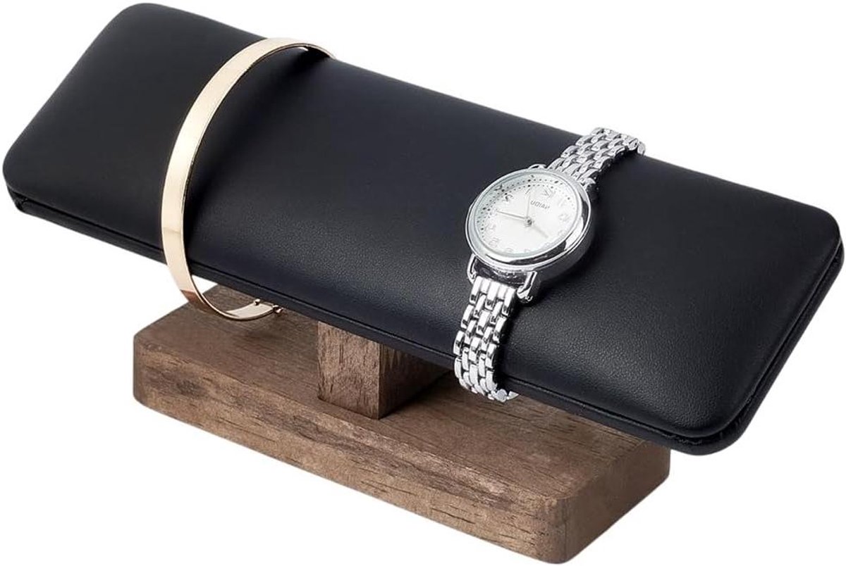Allecto Plus - Houten Armbandhouder met PU Lederen T-Bar en Houten Basis - Armband Sieraden Toren Rack voor Thuisgebruik - Zwart - 19.8x6x8.5cm - Stijlvolle Display Optie