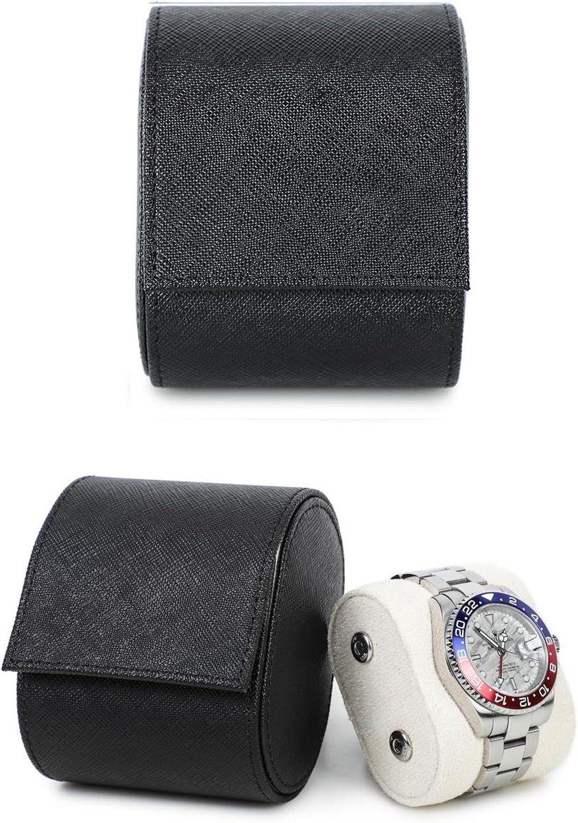 Allecto Plus - Opberghorlogekast van Echt Leder voor 1 Horloge, Handgemaakt Saffiano Leder, Reishorloge Draagbare Case met Verwijderbare Kussens, Zwarte Kleur