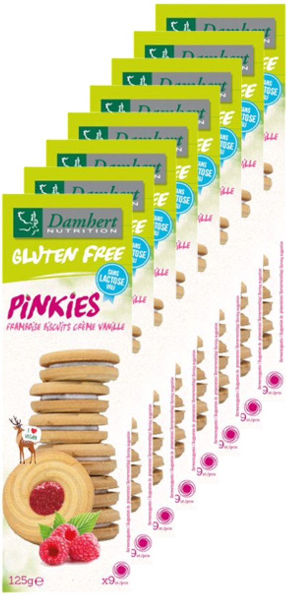 Damhert | Glutenvrij | Pinkies Frambozen Biscuits Crème Vanille | 8 stuks | 8 x 125 g