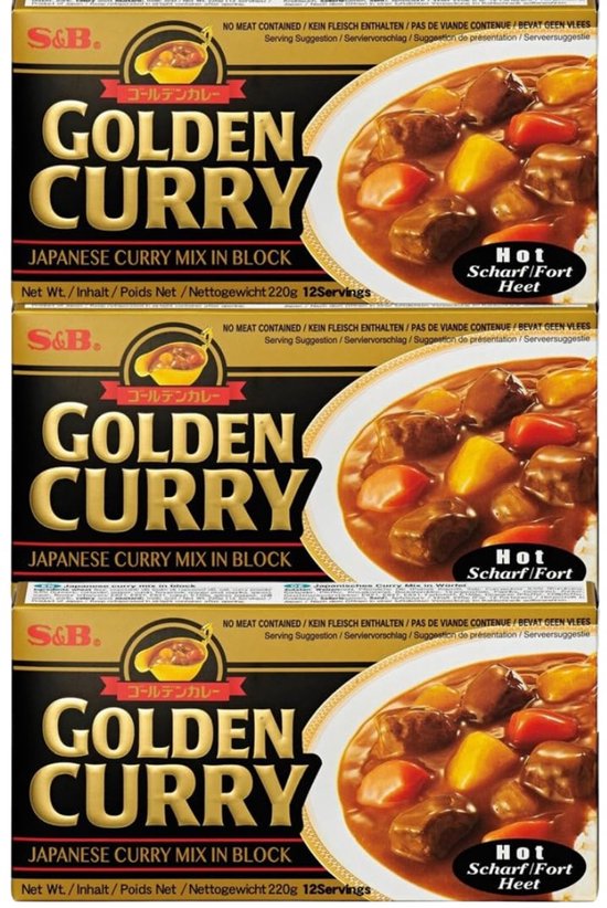 S&B Golden Curry Japanse currymix in block, 3x 220g. Pittig met stukjes vlees, aardappel en wortel.