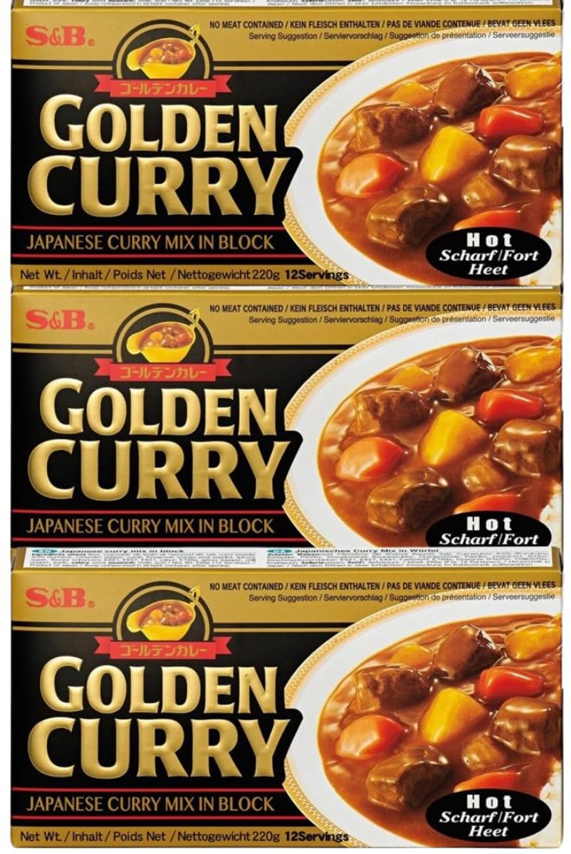 S&B Golden Curry Hot 3 x 220g – Japanse kruidenmix voor pittige currygerechten | veelzijdig als saus, dip of kruidenpasta, intens aroma met kajalsticker