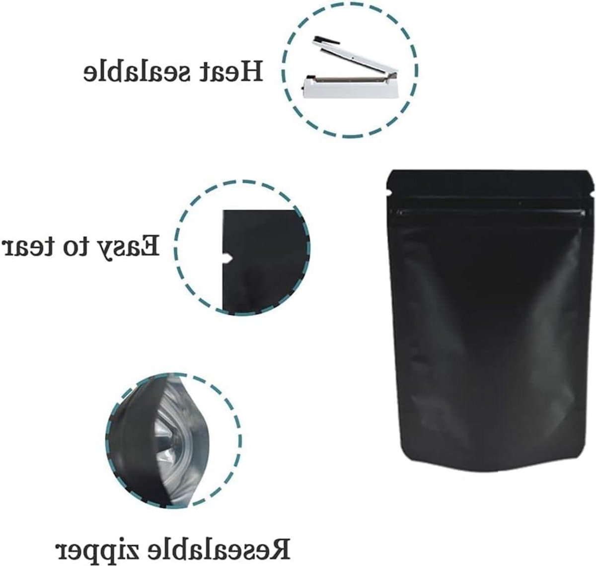 Allecto Plus - Set van 50 stand-up aluminiumfolie zakken met ritssluiting voor voedsel opslag - Geurbestendig - 14 x 20 cm - Zwart.