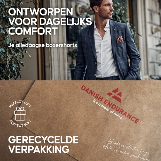 Un homme en costume avec une pochette. Texte sur "Conçu pour le confort quotidien" et "Emballage recyclé."