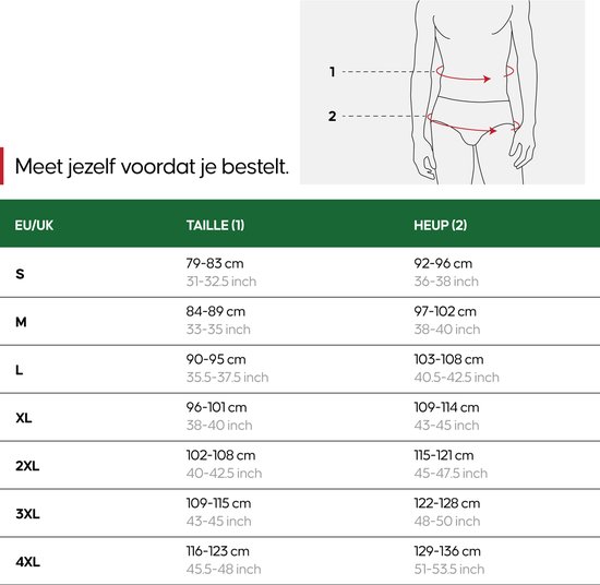 Tableau des tailles pour tailles UE/UK, tour de taille et de hanches en cm et pouces.