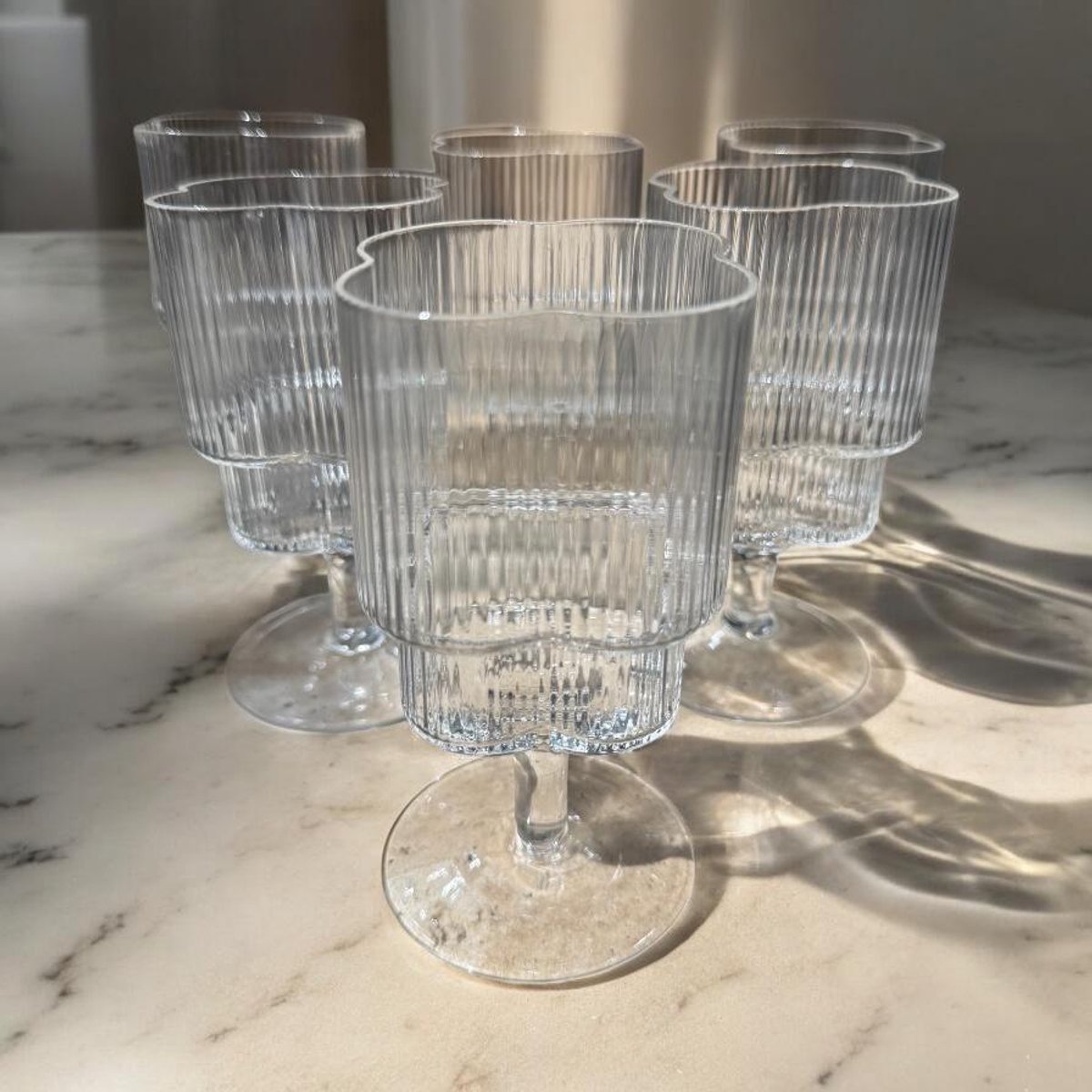 Ekselans - Geribbelde Wijnglazen – Set van 6 – Klavervorm – 300 ml – Vintage Stijl - Glazen Op Voet