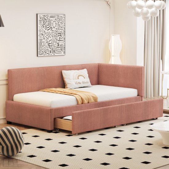 Learnlogic polsterbed slaapsofa 90x200, multifunctioneel bed met 2 grote opbergladen en latmatras, huidvriendelijk fluweel, roze