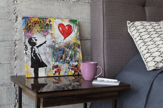 Tableau carré sur toile - Banksy Art - Fille et Ballon - Graffiti Art - 60x60x2 cm