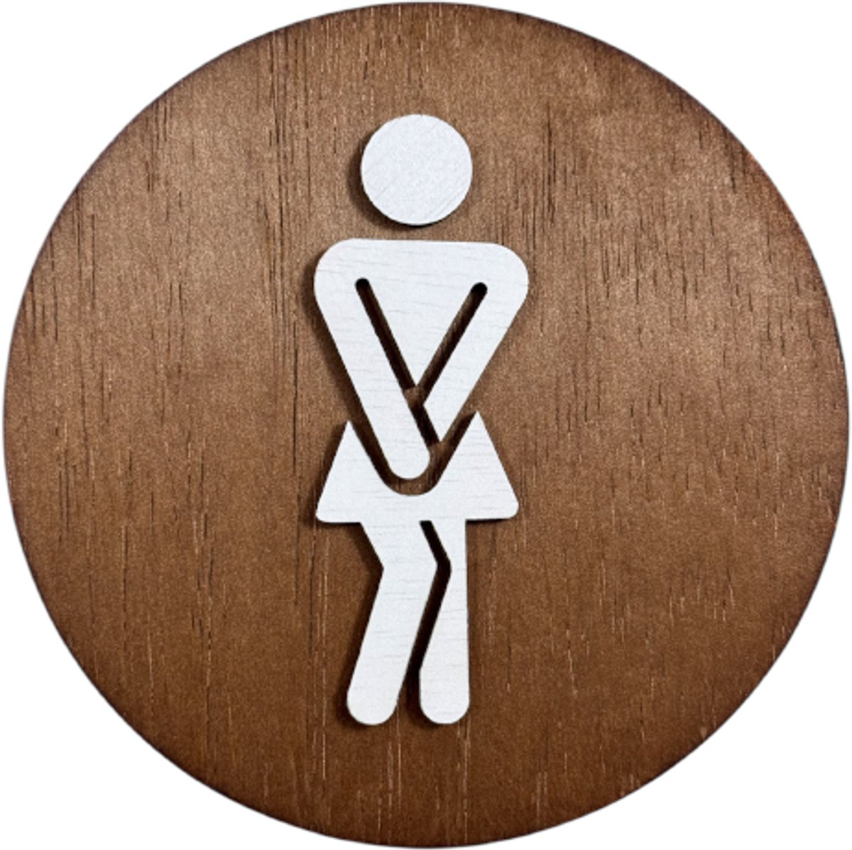 Luxe houten wc bordje - wc sign - toilet bordje - witte afbeelding een vrouw op een bruine houten achtergrond - walnoot look - zelfklevend - handgemaakt - medium formaat 14 cm diagonaal