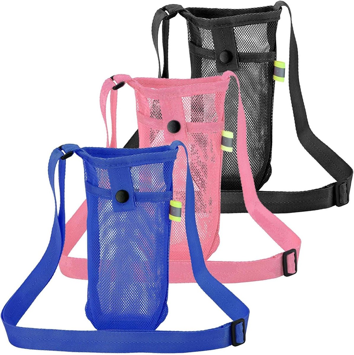 Draagtas waterflessen 3 stuks - mesh strandfleszak bidonhouder - schouderriem - reizen kamperen klimmen wandelen - sport zwart roze blauw