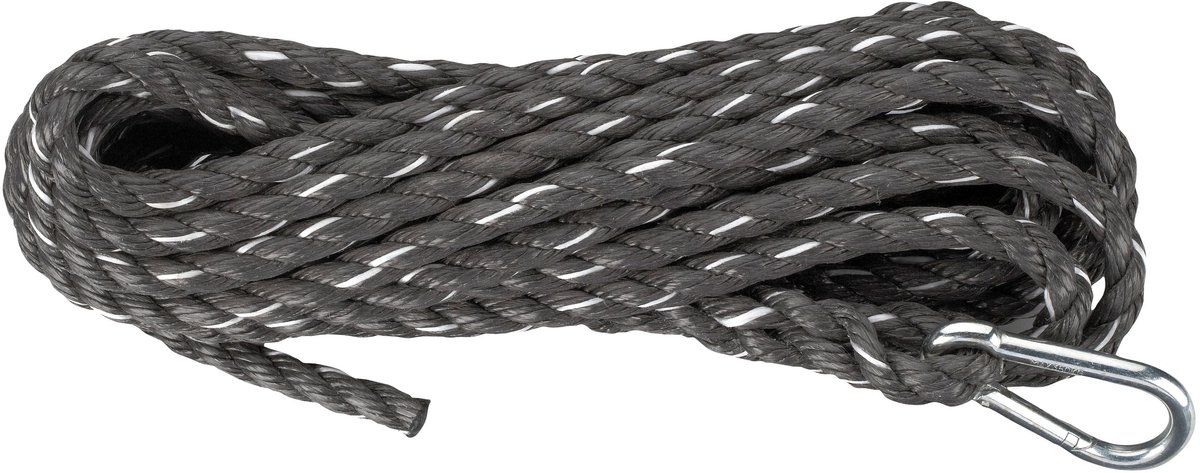 PP-touw 14 mm, 3-strengs gedraaid, zwart met 10 mm karabijnhaak, 10 m lang