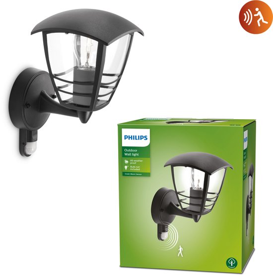 Zwarte Philips Creek buitenwandlamp met sensor, naast de verpakking.