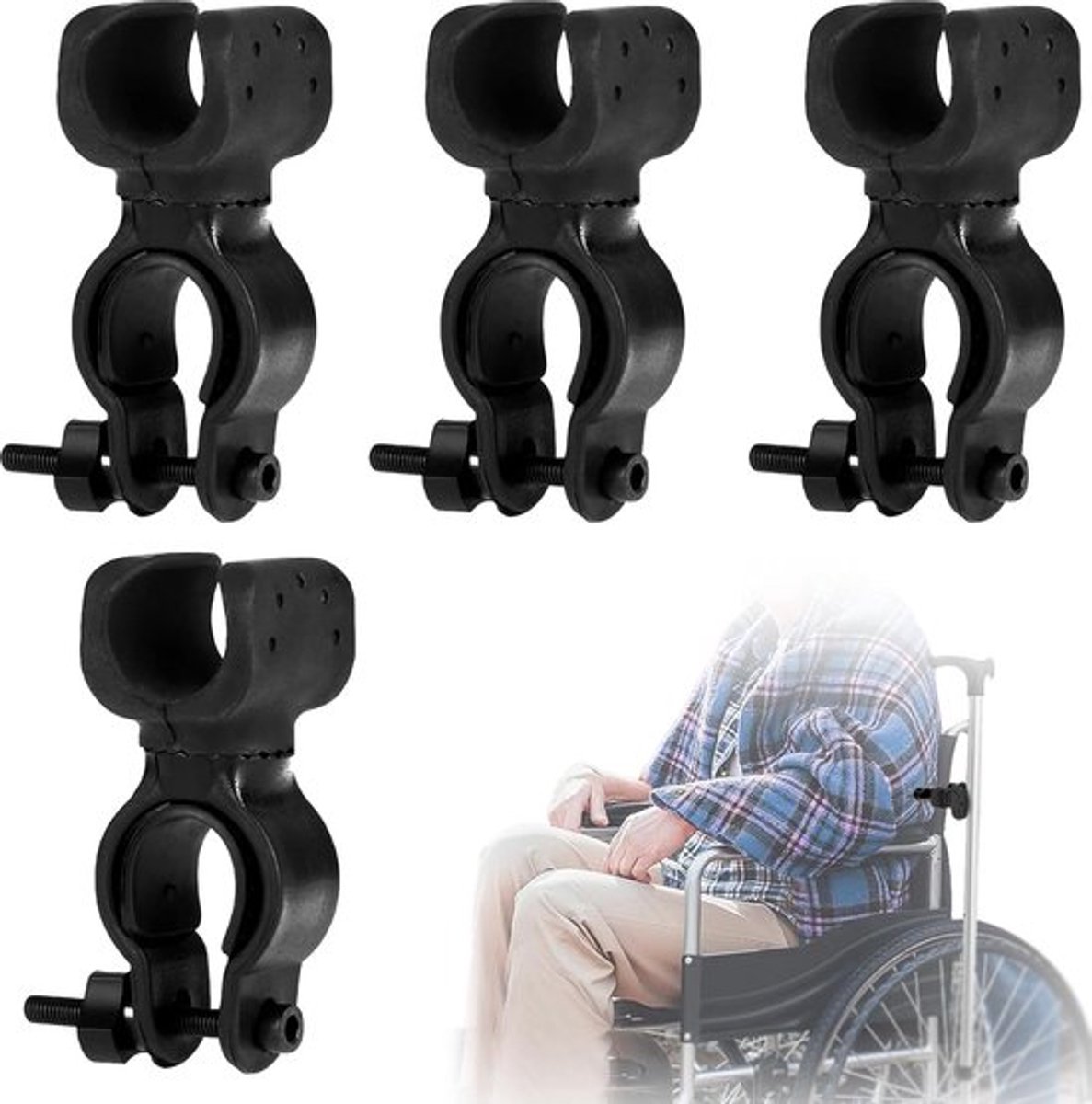 Stokhouder - Krukhouder - 4 Stuks - Voor Scootmobiel Rolstoel Fiets Rollator - Crutch Holder - Stick Holder - Walking Stick Holder - Universele Krukken Stokbeugel - Voor Krukken Voor Mobiliteitsscooter, Aandrijfrollator, Rolstoel, Elektrische Step
