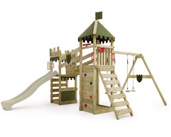 FATMOOSE RiverRun Royal XXL houten ridderkasteel met 2 torens en dubbele schommel - 2 zitjes, wiebelbrug, klimwand, klimladder, glijbaan 220 cm, zandbak, stuur en telescoop - glijbaan saliegroen, zeil olijfgroen