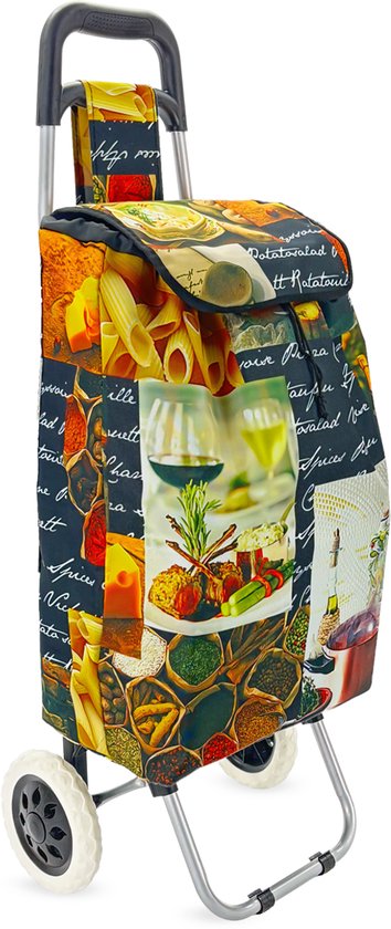 Dreamble® | Boodschappentrolley | Boodschappenwagen | Kleurrijk Design met Eten Print | Extra Groot en Sterk | 46 Liter | Stalen Frame | Grote Wielen | Lichtgewicht | Opvouwbaar | Afneembare Boodschappentas | 2 Ritsvakken | Waterafstotend