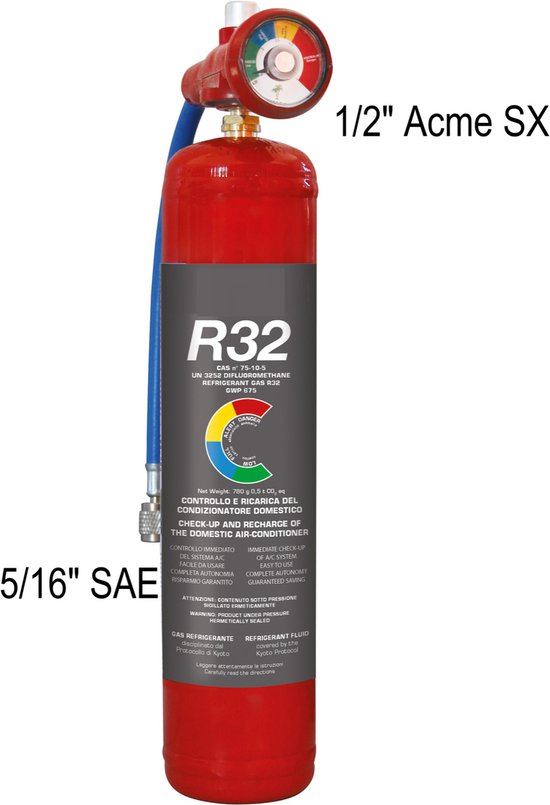 KOELGAS R32 780g met vulslang en manometer, voor airconditioning en ...