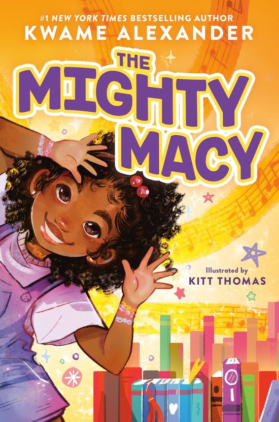 Couverture du livre 'The Mighty Macy' par Kwame Alexander, montrant une fille souriante aux cheveux foncés portant une salopette violette.