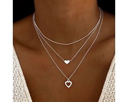 3-delige Halsketting Hartjes Set - Zilver kleurige Dames Kettingen - Minimalistische Ketting met Hart Hangers - Festivals, School, Vakantie of Dagelijks Gebruik - Cadeau Tip Moederdag